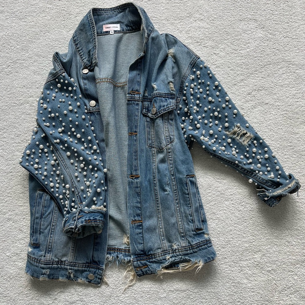 Sunset & spring pearl sleeve denim jacket oversized XS